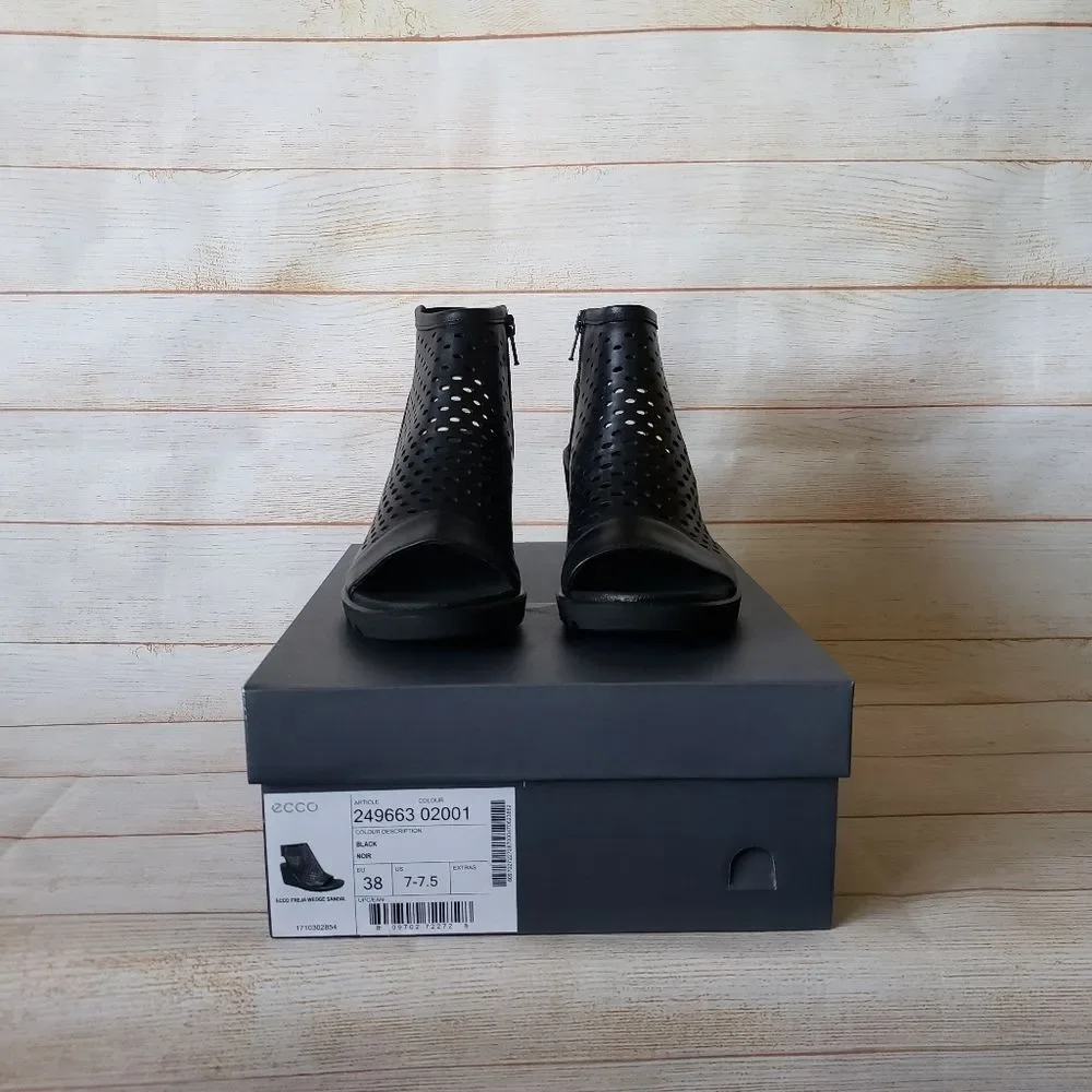 ECCO Freja Wedge Leather Sandal Bootie Ankle Boot Open Toe Laser Cut Black